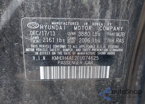 2014 Hyundai Elantra Se from USA, damaged, VIN KMHDH4AE2EU074625